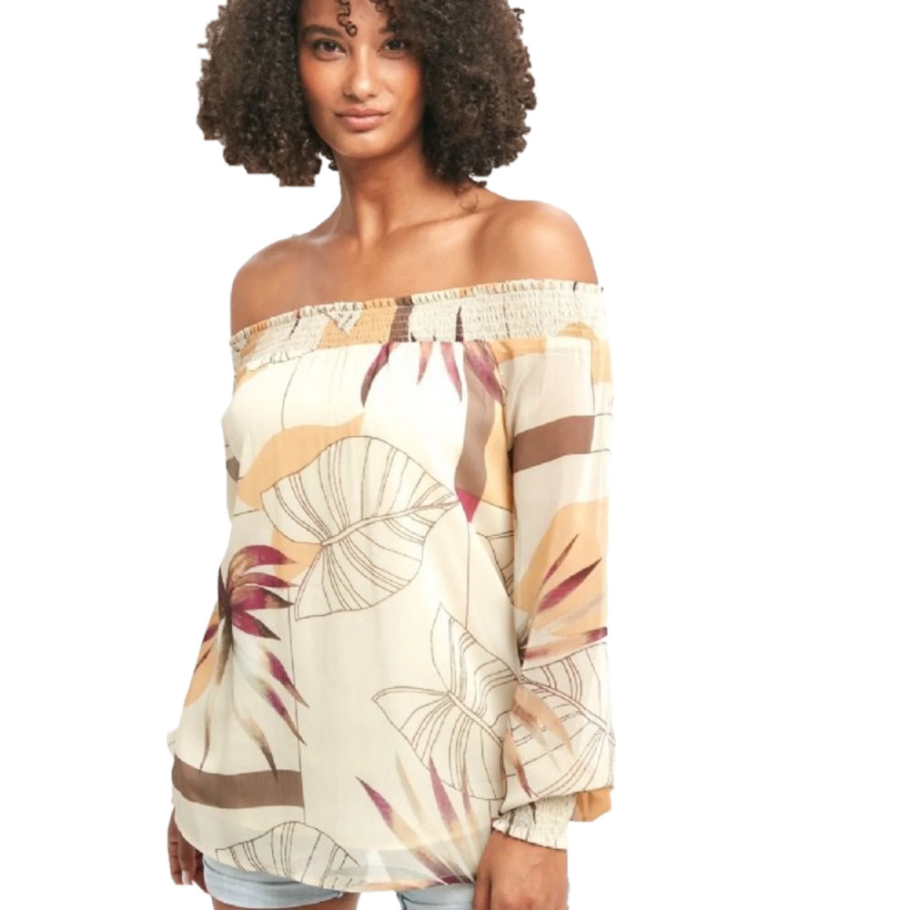 NWT Mystree Hawaiian Leaf Print Blouse Size L Off The Shoulder Sheer Lined Boho
